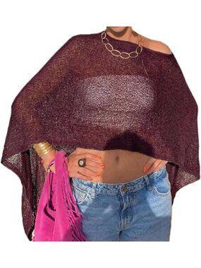 Women's Red Brown Sheer Poncho Top Knit Crochet Lightweight See Through Shawl
